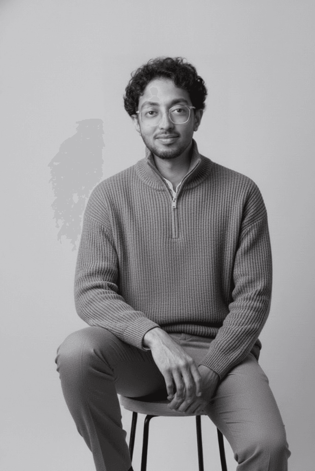 Kai, seated, in black and white